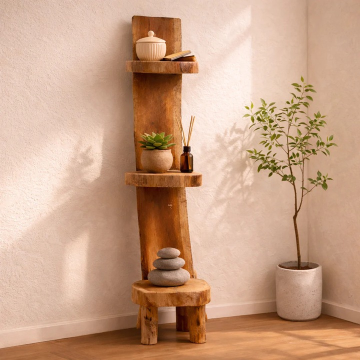Etajera verticala tip trunchi din lemn de teak natural, cu 3 polite, inaltime 100 cm