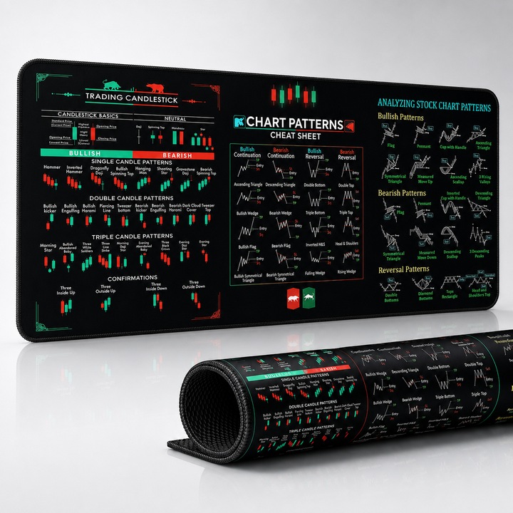 Mousepad Trading ANDCRIS®, 700x300x2 mm, ghid complet de analiza tehnica, modele Candlestick, Bullish, Bearish, Continuation si Reversal, suprafata textila imprimata HD, baza antiderapanta din cauciuc, margini cusute, pentru Forex, Crypto si Bursa, Negru