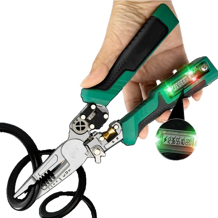 Cleste Multifunctional Profesional, Konzmann X Tuosen, Dezizolare si Testare Tensiune AC si Continuitate, Taiere, Sertizare, Prindere de Precizie, Maner Ergonomic Antialunecare ABS, Otel, Verde