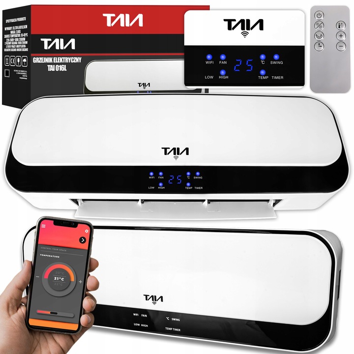 TAIA TAI 016L elektromos hősugárzó, 2000W, kerámia, fehér, falra szerelhető, Wi-Fi vezérlés, időzítő 1-8 óra