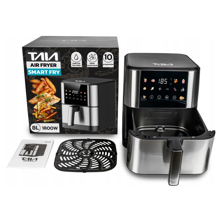 TAIA SMART FRY 8L olajmentes fritőz, 1800W, érintőképernyő, tapadásmentes, méretek 38x30x35,5cm