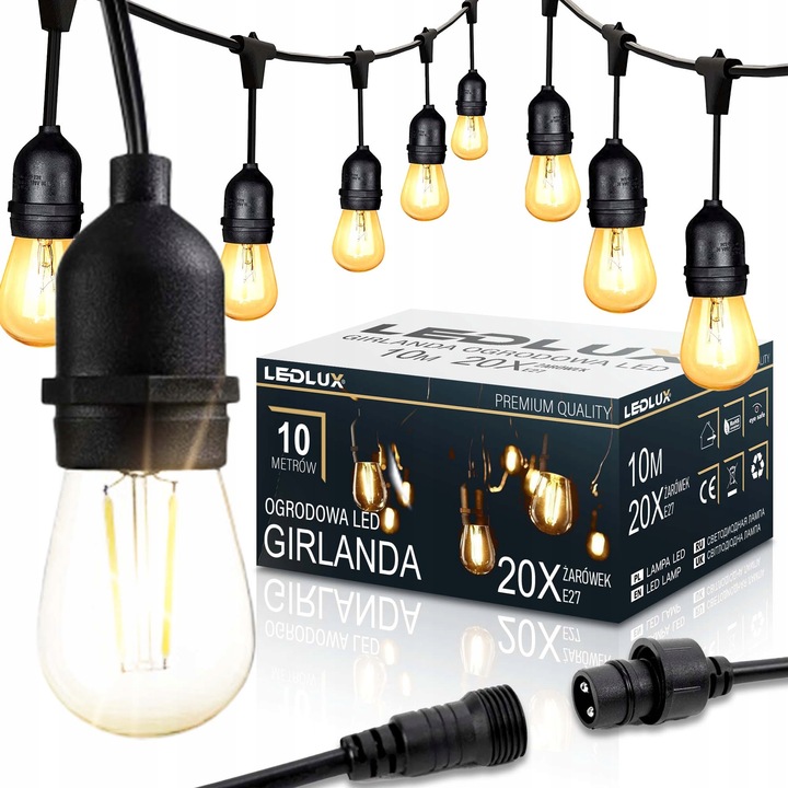 Градинска гирлянда LEDLUX 20x E27 ST14, светеща верига, LED крушки с нажежаема жичка 1W, IP44, черна, 10 м