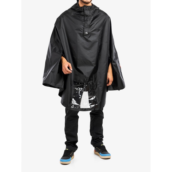 Peleryna Tatonka Bike Poncho, impermeabila, din poliester reciclat, neagra, marimea S, cu gluga si detalii reflectorizante