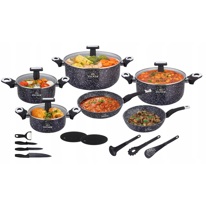 Set 19 piese cratite si tigai Zilner ZL-8821, ceramica-marmura, 1,5L-7,6L, inductie, culoare eleganta