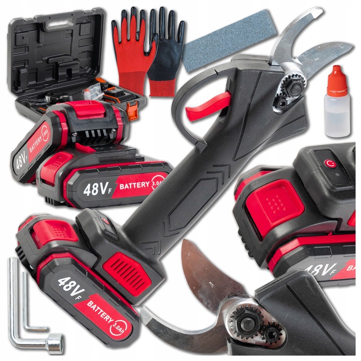 Foarfeca de gradinarit Meister, cu acumulator, 2 acumulatori, negru-rosu, set complet