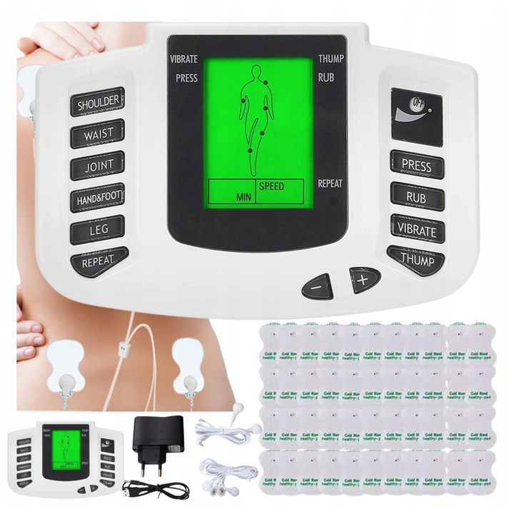 Elektrostimulátor TENS/EMS Lewer FWL-2000A, 9 program, 8 elektróda mellékelve, XXL készlet 230V tápegységgel és USB kábellel, fehér, 1 szett