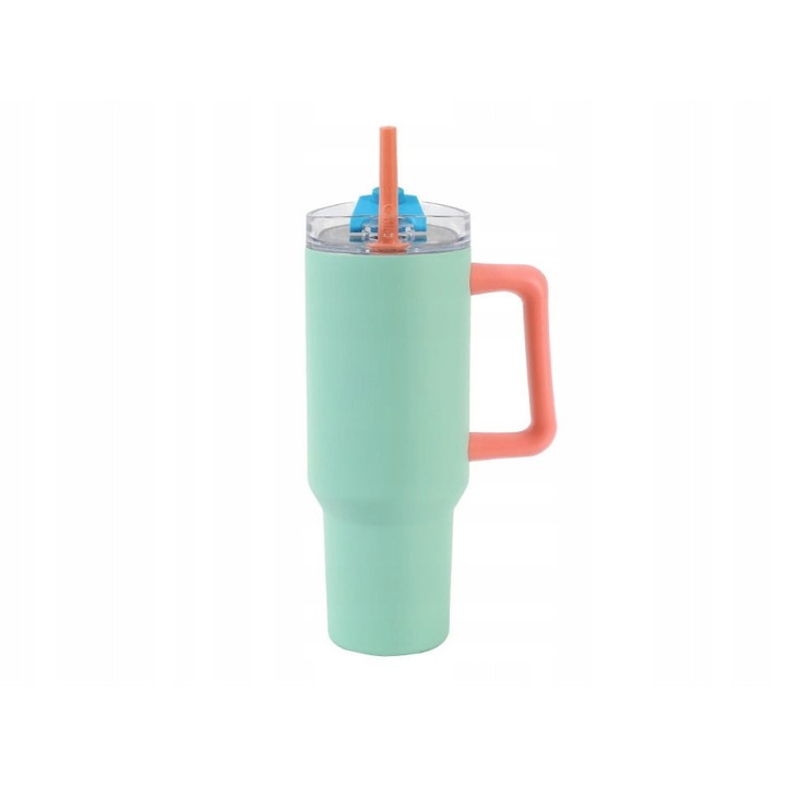 Cana termica I-Drink, pahar termic, din otel inoxidabil, cu pai si maner, izolare termica, pastreaza rece 24 ore si cald 10 ore, menta, 1,2 L