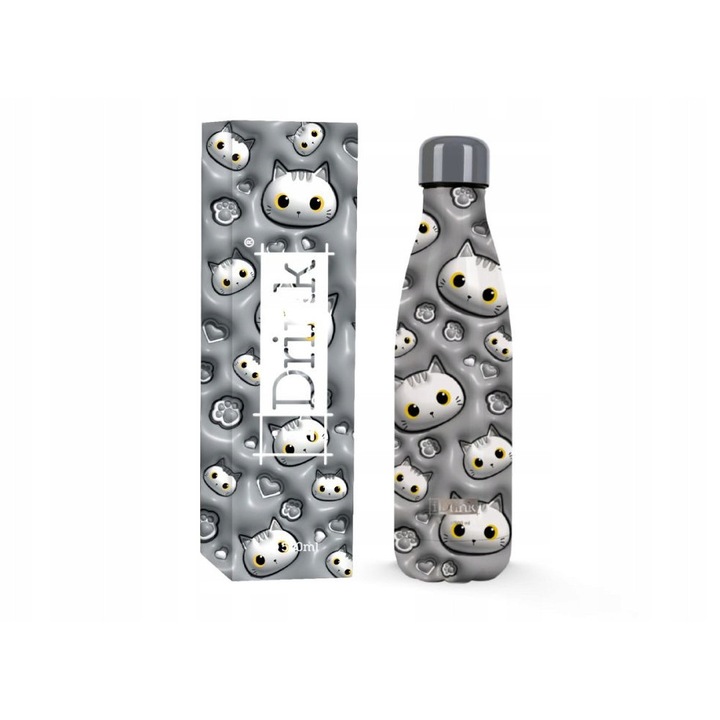 Termos I-Drink 500ml, design cu pisica, mentine temperatura 36h rece, 24h cald, 26x7cm