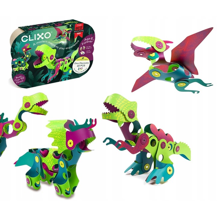 Set de constructie Clixo 22el, modele 3D, dinozauri, multicolor