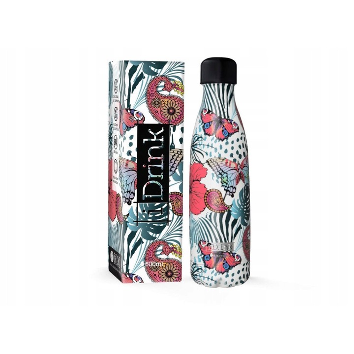 Termos sticla termica I-Drink Fluturi, din otel inoxidabil, pastreaza rece pana la 36 ore si cald pana la 24 ore, Multicolor, 500 ml