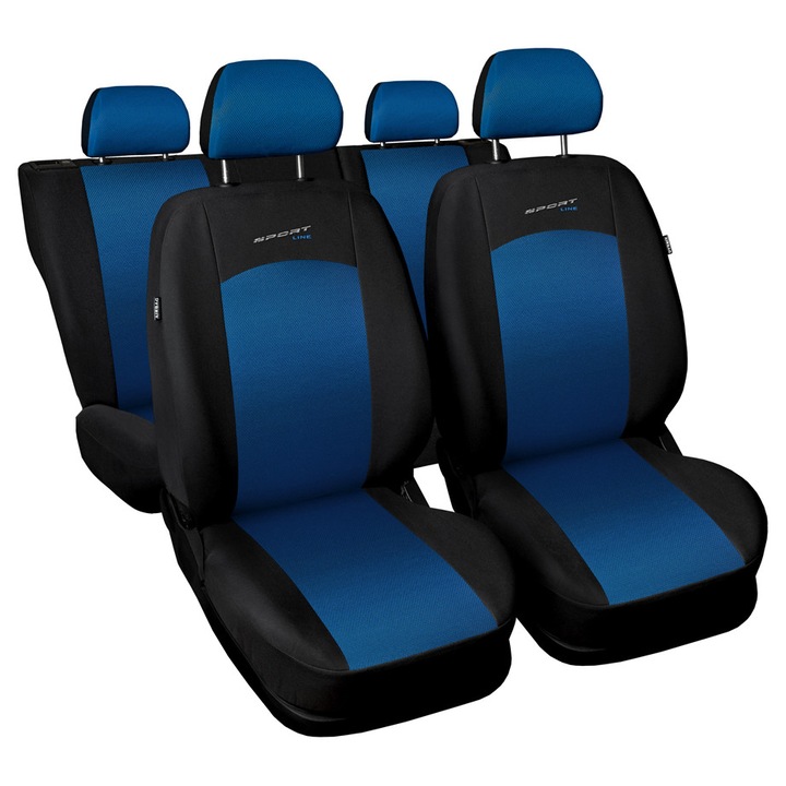 Set huse auto SPORT LINE, negru + albastru, material AIRMESH, universal, pentru bancheta spate, 1 husa bancheta, 1 husa spatar, 5 huse pentru headresturi