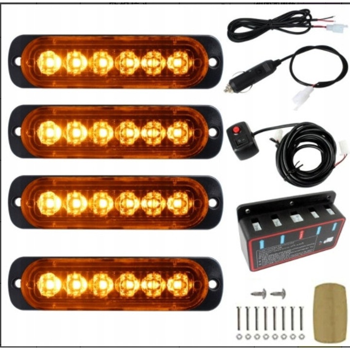 Set 4x Lampi Stroboscopice LED 12V, 6 LED-uri, Lumina Amber, Waterproof IP67, Montaj Usor
