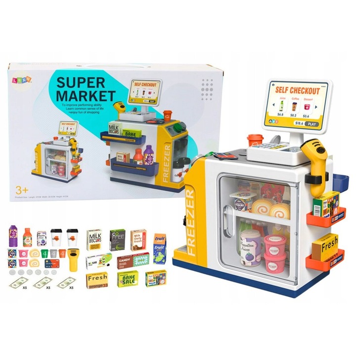 Set joaca supermarket LEAN Toys, casa fiscala, scanner, efecte luminoase si sonore, 41x37x20cm