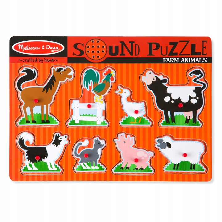 Дървен пъзел със звуци, Melissa&Doug, селскостопански животни, 8 части, 30x22см
