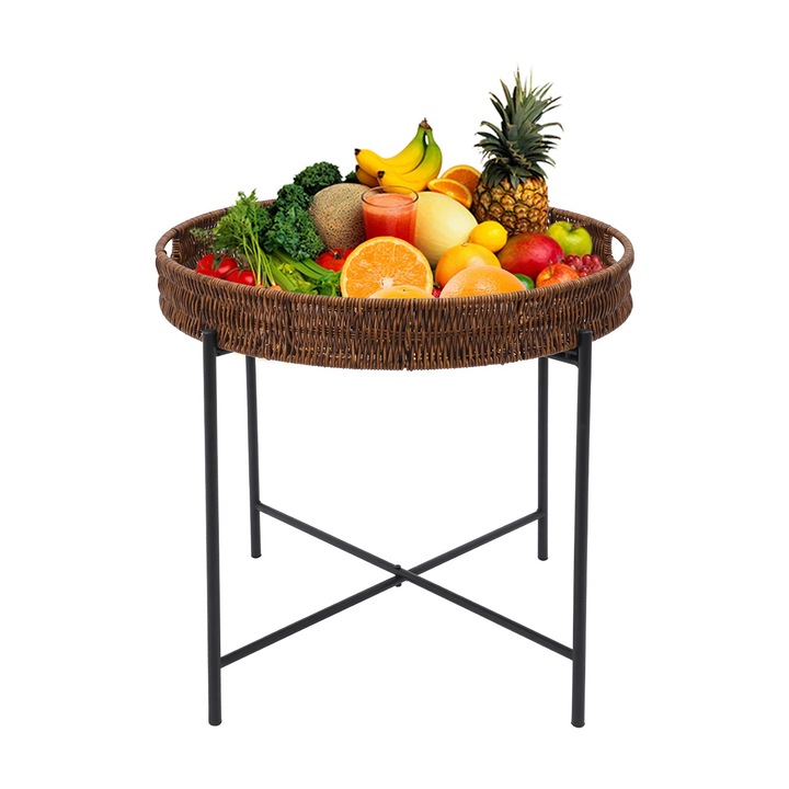 Masa Rotunda Retro, Masuta Laterala/Masuta de Cafea, Pliabila, Tava Detasabila, Imitatie Ratan Impletit, Pentru Living, Maro