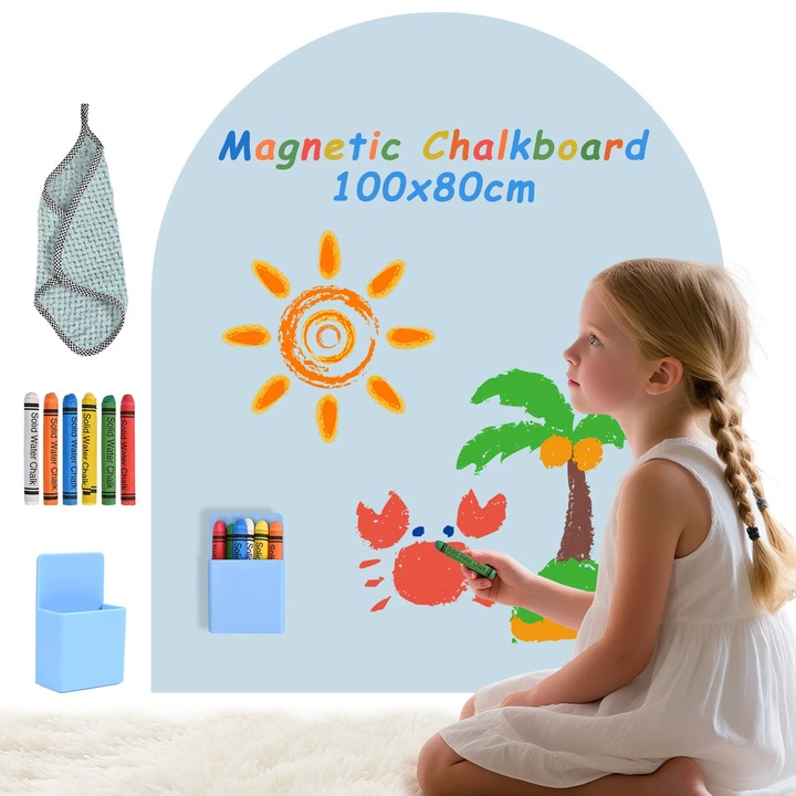 Tabla magnetica 3-in-1 pentru copii, tabla de perete autoadeziva, tip tabla cu creta, cu creta pastel, stil Montessori, negru