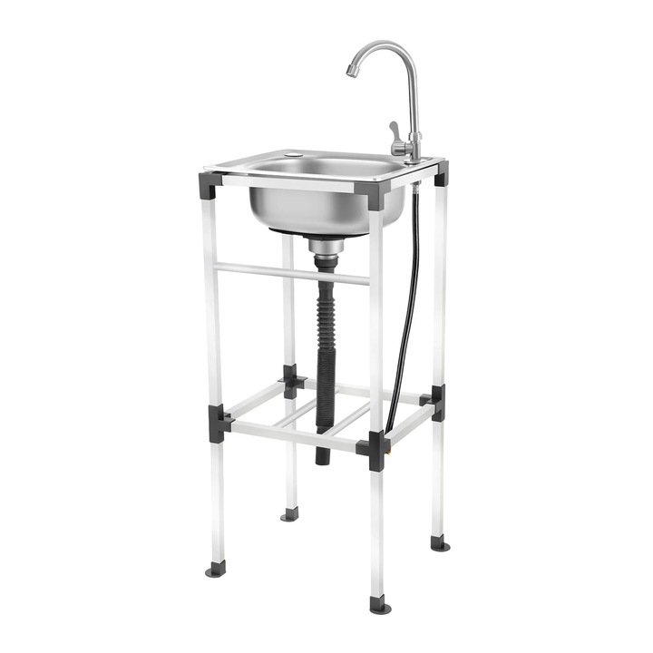 Chiuveta independenta, Cu o cuva, 42×37 cm, Otel inoxidabil, Cu baterie, Scurgere rapida, Sarcina pana la 60 kg, Argintiu