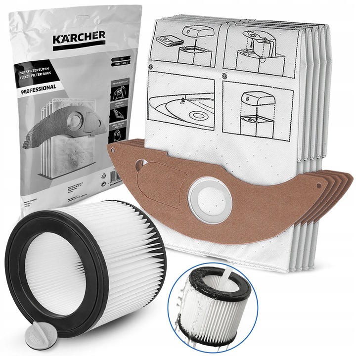 Set 5 Worki Filtrare + Filtru Zmywalnic pentru Aspirator Karcher NT 22/1, 41x48cm, Flizelina/Syntetic