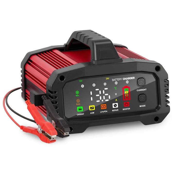 Incarcator inteligent de baterii 12V/24V, mentinator auto si motocicleta, 8 etape, mod reparatie, 5 curenti si moduri de incarcare, rosu