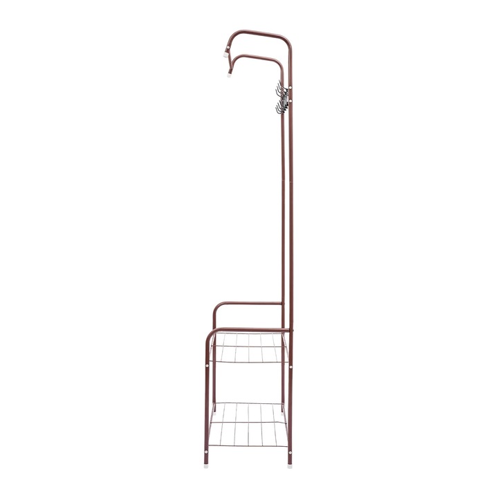 Cuier metalic, Stativ independent, 4 carlige, Raft inferior pentru depozitare, Pentru hol, genti si haine, Cafeniu