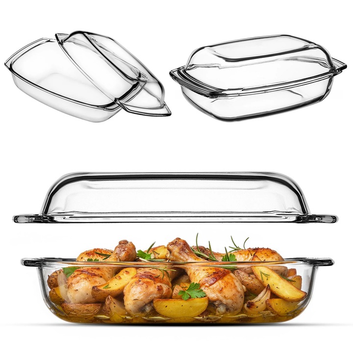 Tava pentru cuptor, Vas pentru gratin, 4, 1 l, Termorezistent, Ceramica, Dreptunghiular, Cu capac