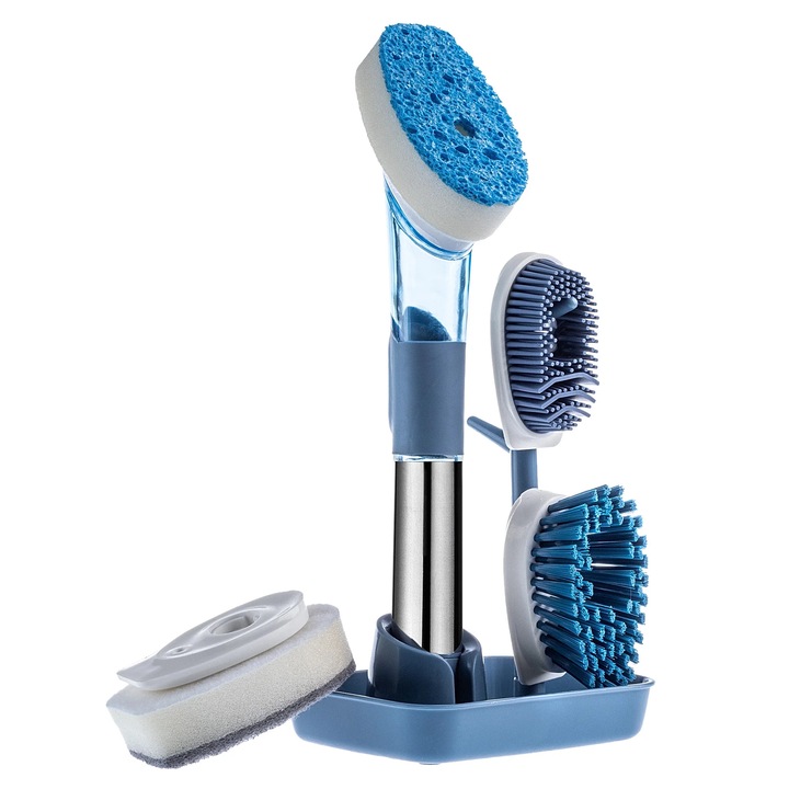 Set perie de vase, Perie pentru oale cu dozator de sapun, Cap cu burete, Tija si suport, Albastru
