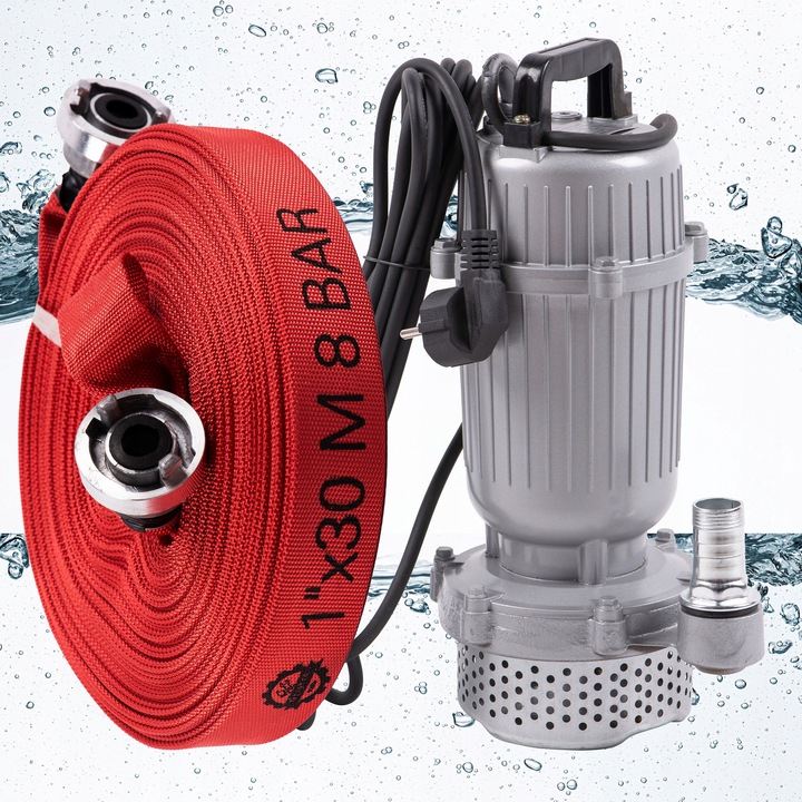 Потопяема помпа за мръсна и чиста вода Onex 3150W, 1,5 м3/ч, 10м височина, комплект с маркуч 30м, червена