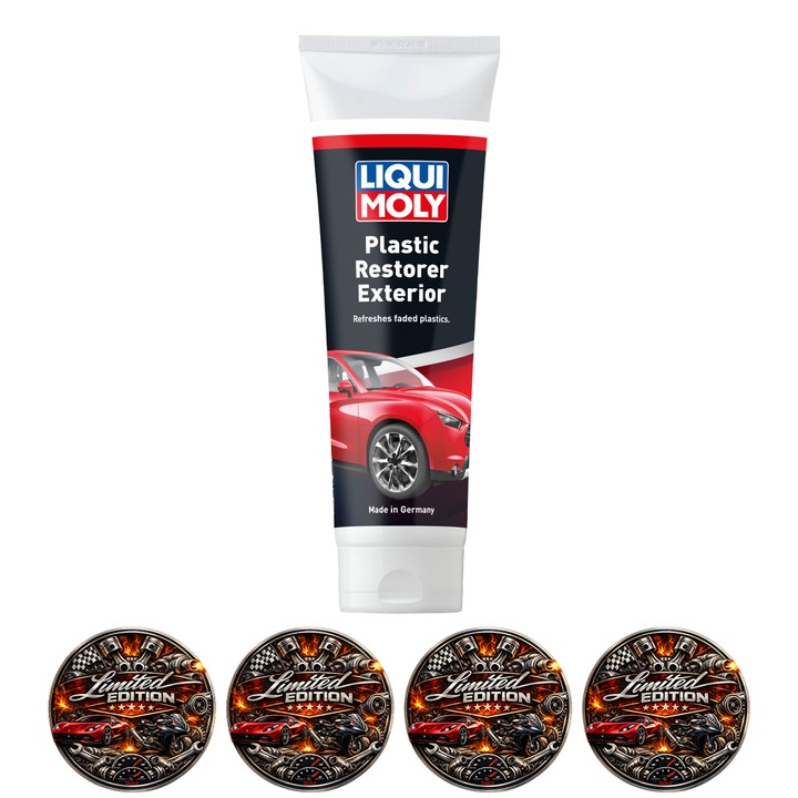 Solutie Restaurare Plastic Exterior Auto LIQUI MOLY Plastic Restorer Exterior, Protectie UV si Revitalizare Plastic Degradat, 250 ml, 4x Stickere auto