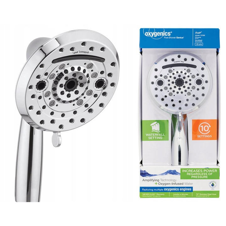 Set dus Oxygenics Amp, 6.8 l/min, 10 tipuri de jet, 95x127x248 mm, 180 cm, inox