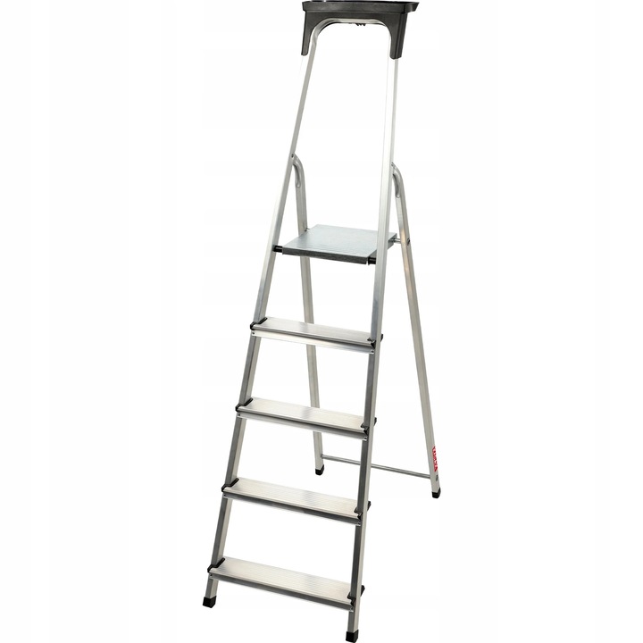 Scara din aluminiu, scara pentru casa, 5 trepte, pliabila, platforma/polita pentru unelte, capacitate 125 kg