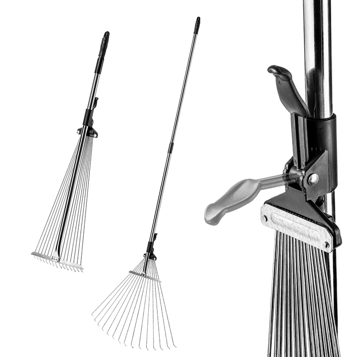Grebla metalica pentru frunze, Grebla telescopica, Cap in forma de evantai, Pentru iarba si frunze, Reglabila 78–166 cm