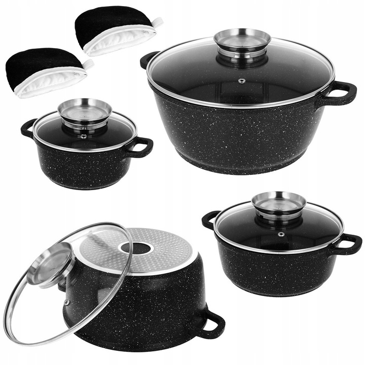 Set oale marmurate 10 elemente, 2 suporturi, inductie, gaz, negru marmorat