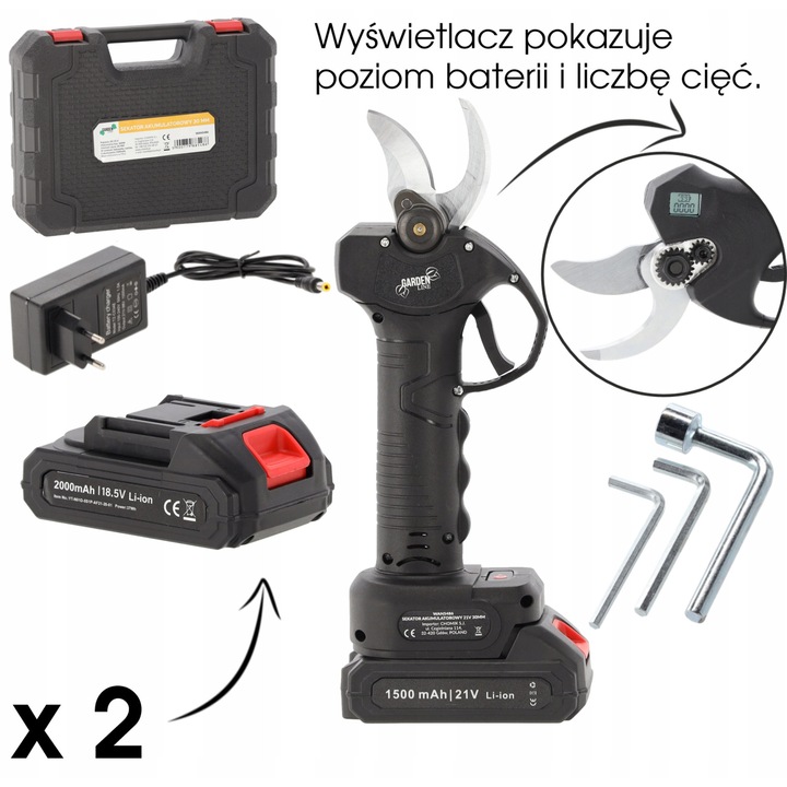 Foarfeca de gradinarit electrica GardenLine, 21V, 30mm, 2 acumulatori 1500mAh, set complet