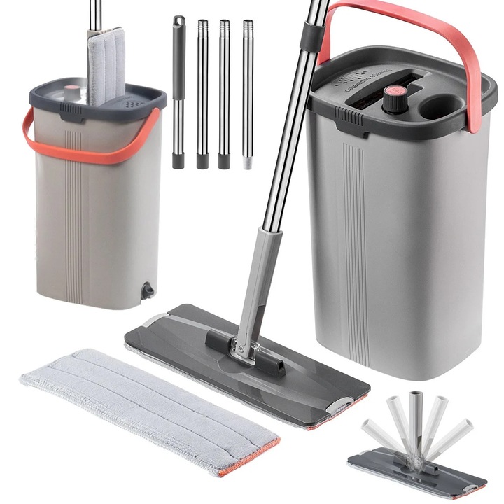 Mop plat cu galeata, Set mop cu galeata, Microfibra, Separare apa cu doua camere, Galeata cu stoarcator, Include 2 lavete