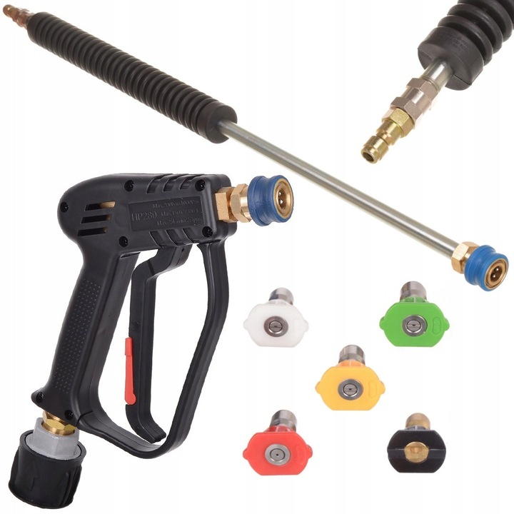 Pistol pentru aparat de spalat cu presiune Techkar, set cu lance si 5 duze, conectare rapida, 160bar, 600mm