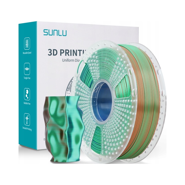 Filament 3D SUNLU SILK PLA+ 1.75mm 1kg TRI Color Orange Blue Green, multicolor