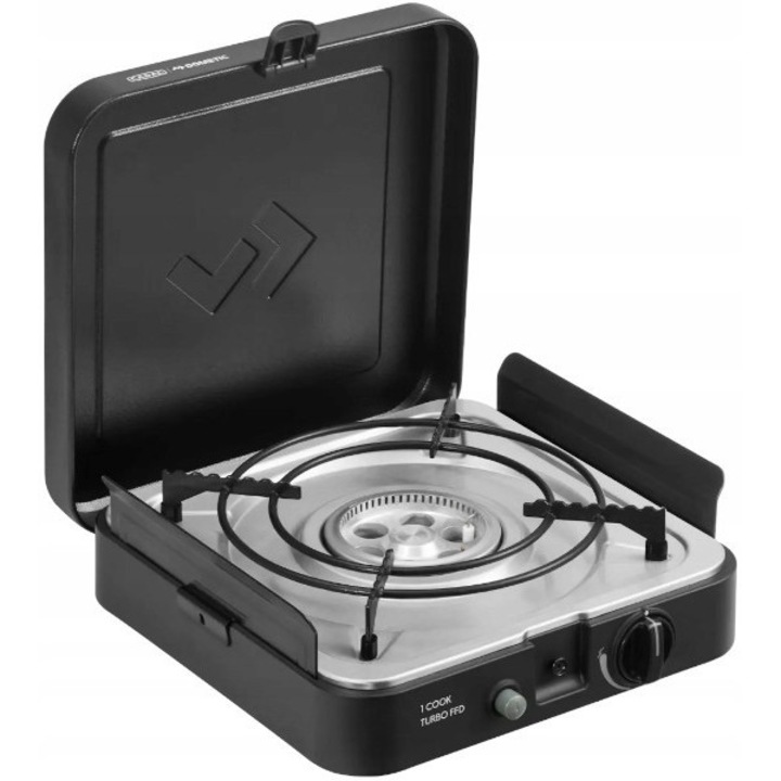 Arzator camping Cadac 1 Cook Turbo FFD, 1 palnic, 29x28x9cm, negru, set cu suport si protectii vant.