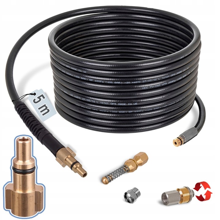 Set accesorii curatare canalizare, Techkar, 5m furtun nylon, 3 duze 1/8" F, compatibil Lavor/Parkside