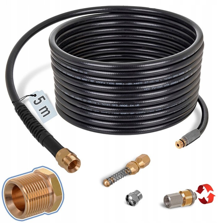 Set accesorii curatare canalizare Techkar, 5m, 3 duze, nylon, M22x1,5