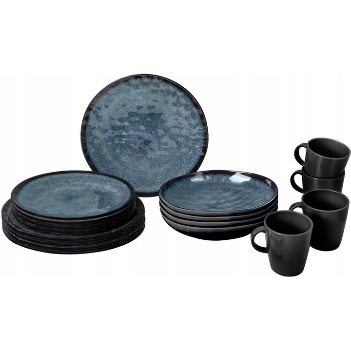 Set de masa Brunner Venetian, 16 piese, melamina, 4 farfurii, 4 cupe, negru si albastru