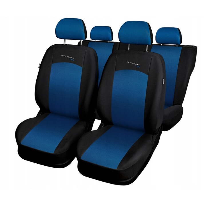 Set huse auto Sport Line, negru + albastru, material AIRMESH, pentru canapea spate, universal, include 1 husa canapea, 1 husa spatar, 5 huse pentru headresturi