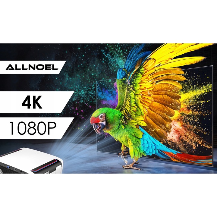 Проектор LED ALLNOEL ChipPoint A9G, 1550 ANSI 50.000 lm, Android TV 14 Smart TV с поддръжка на 4K, Wi-Fi 6, NFC, Бял