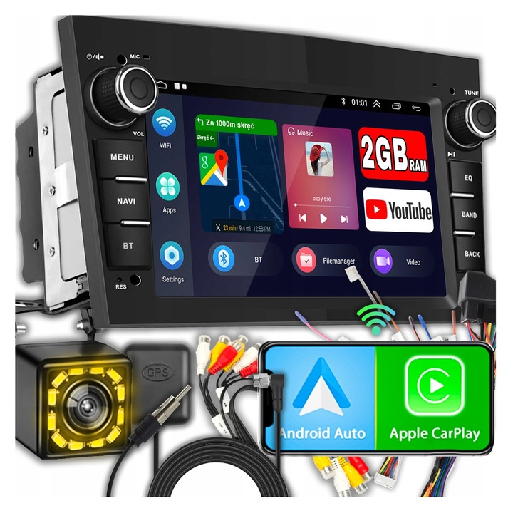 Автомобилно радио ALLNOEL Android 13 2-DIN 7'' тъчскрийн, 2GB RAM/64GB ROM, Wi-Fi, Wireless CarPlay и Android Auto, включена камера за задно виждане, съвместимо с Opel Vectra C/Astra H/Zafira/Meriva/Antara/Vivaro, Черно