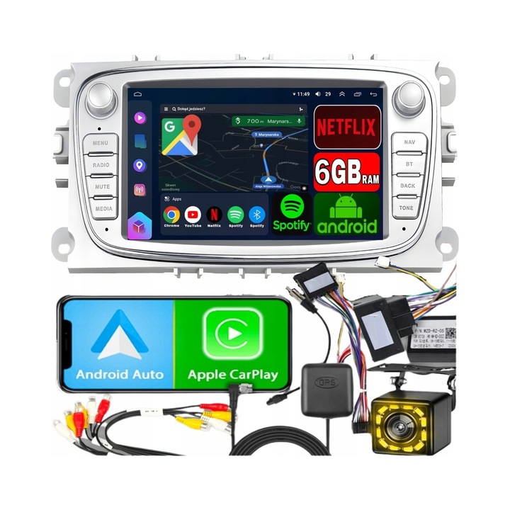 ALLNOEL multimédia rádió Ford Mondeo/Focus/S-Max/C-Max/Galaxy/Kuga, Android 15, 7'' 6GB RAM 128GB ROM, Apple CarPlay/Android Auto, 12 LED