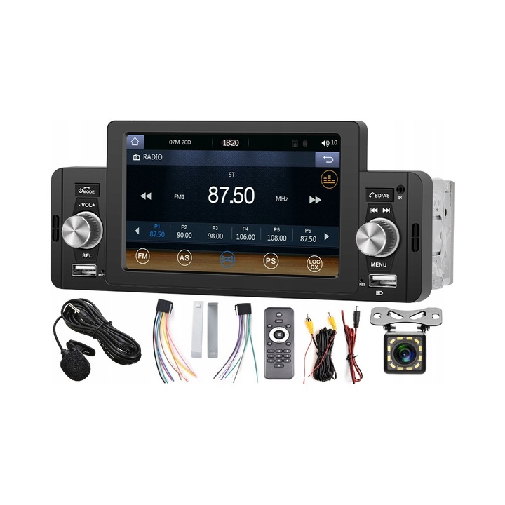 Radio auto 1 DIN, ALLNOEL, touchscreen 5'', Bluetooth, CarPlay, Android Auto, set cu camera de marsarier
