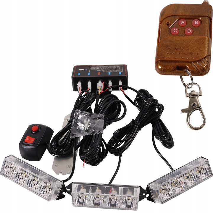 Set 4 lampi LED stroboscopice, alb/galben/oranj, 12-24V, cu telecomanda, pentru vehicule speciale
