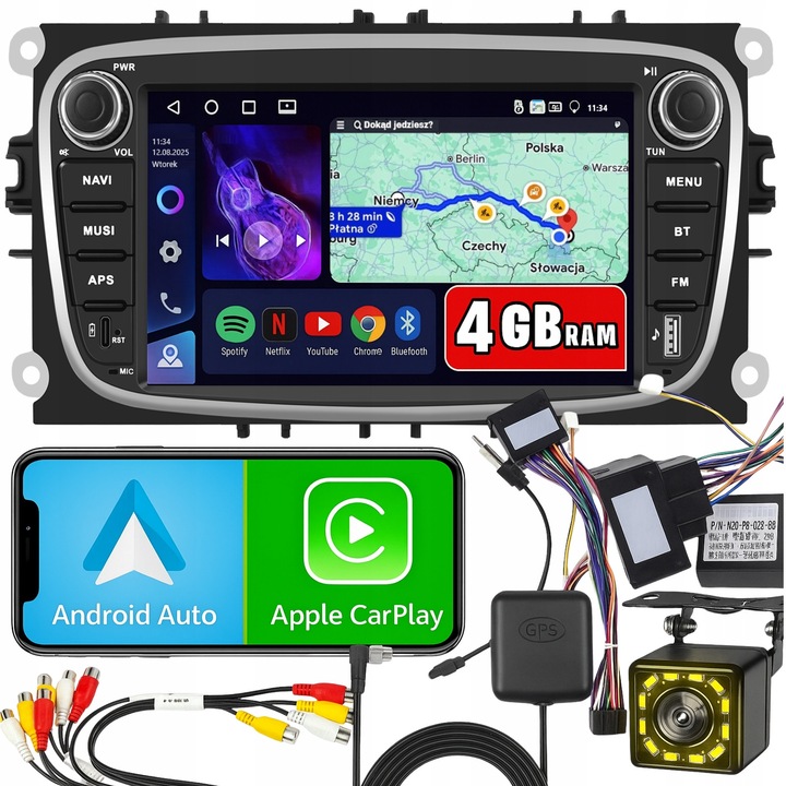 Автомобилно радио ALLNOEL CarPlay WiFi USB-C за FORD MONDEO MK4, FOCUS MK2 MK3, GALAXY
