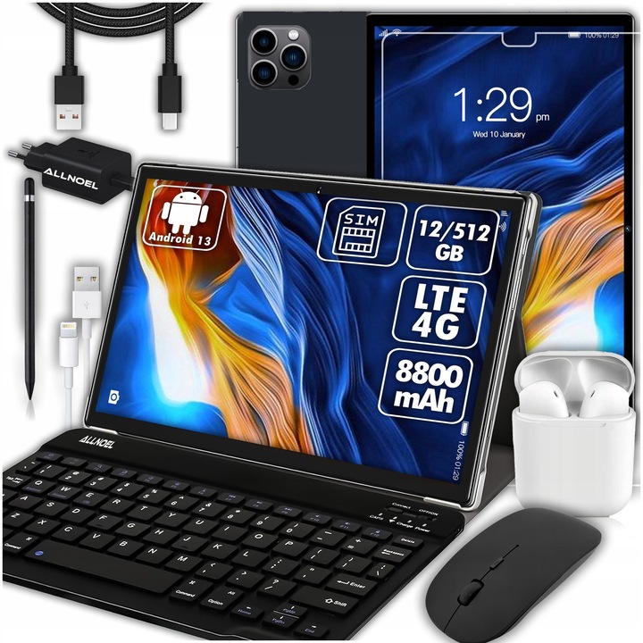 Tableta ALLNOEL Tab T900 ITZMKVELYCWJ, 10,1″ IPS, 12 GB RAM, 512 GB, Android, 4G LTE dual SIM, Wi‑Fi, Bluetooth 5.0, GPS, baterie 8800 mAh, negru
