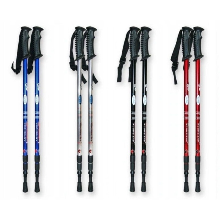 2 db-os szett túrabot Nordic Walking, ütésgátló, 65x135cm, kék, ezüst, fekete, piros