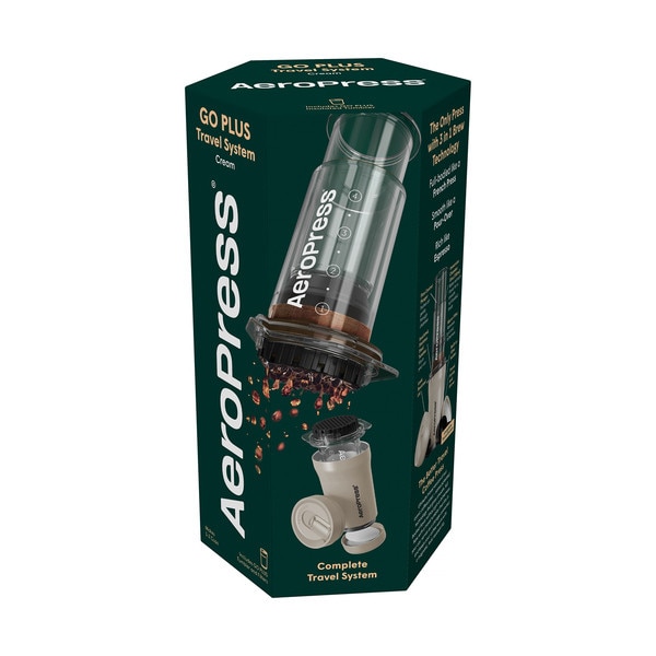 AeroPress Go Plus, Zaparzacz de Cafea cu Kubek Termic, Crem, 300 ml, Set cu 45 filtre